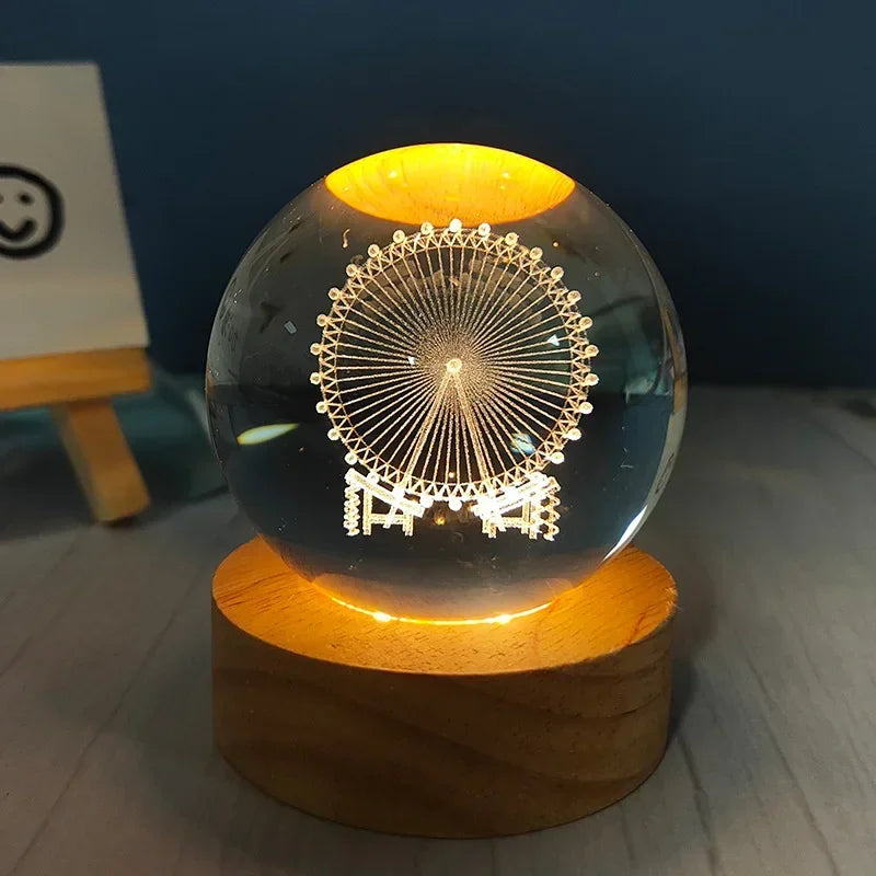 Engraved Crystal Ball Night Light with Wooden Base