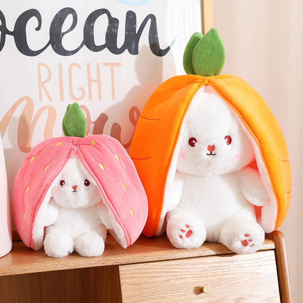 Plush bunny turns into a carrot and strawberry toy for kids' birthday parties