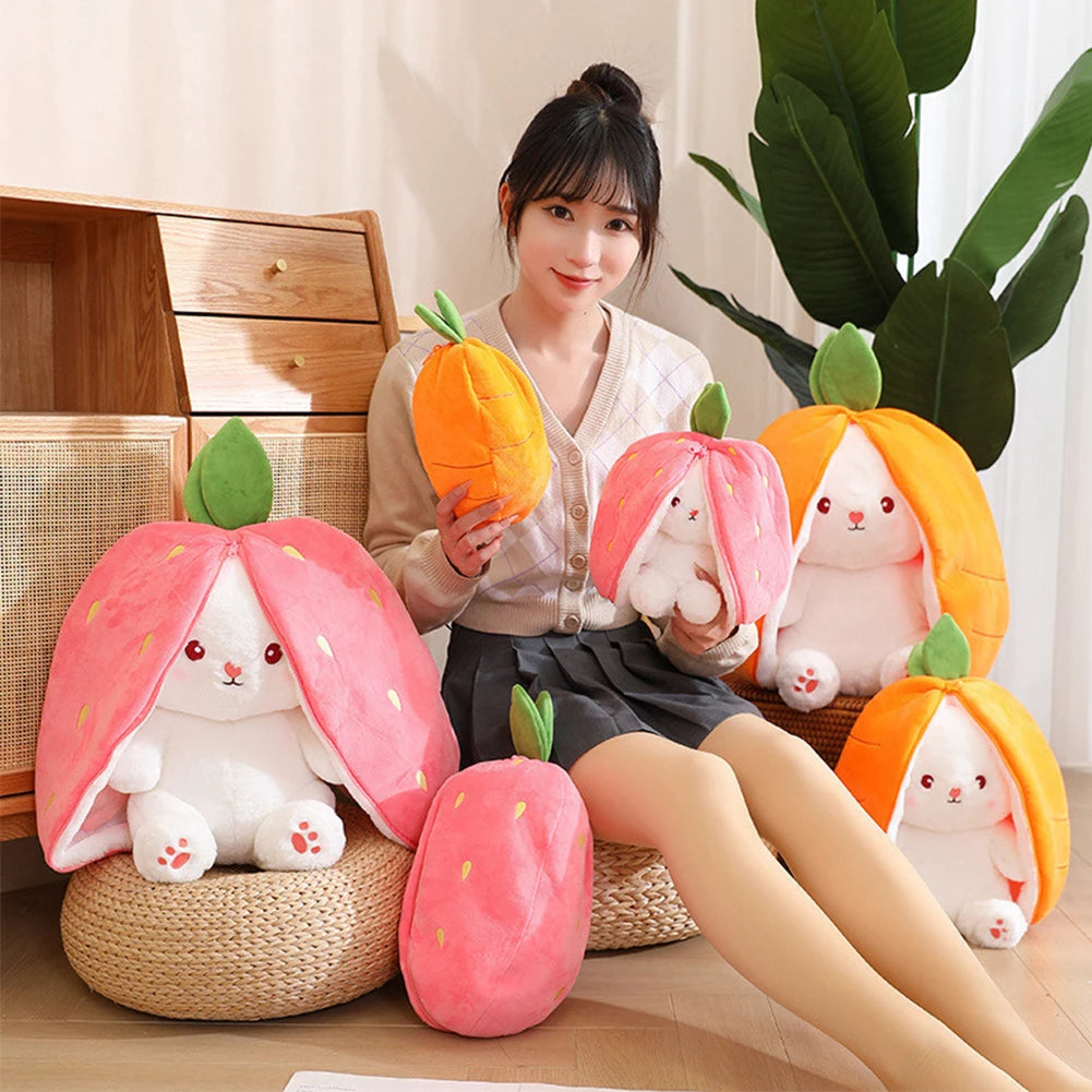 Plush bunny turns into a carrot and strawberry toy for kids' birthday parties