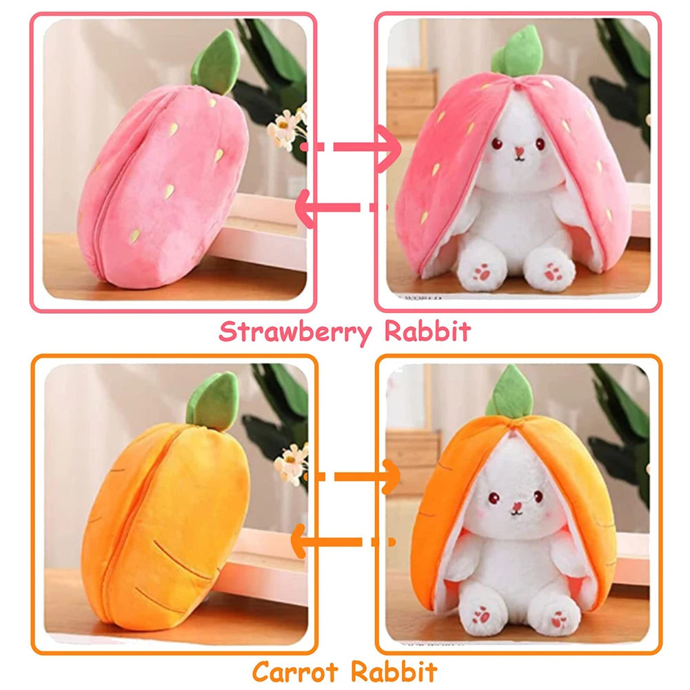 Plush bunny turns into a carrot and strawberry toy for kids' birthday parties