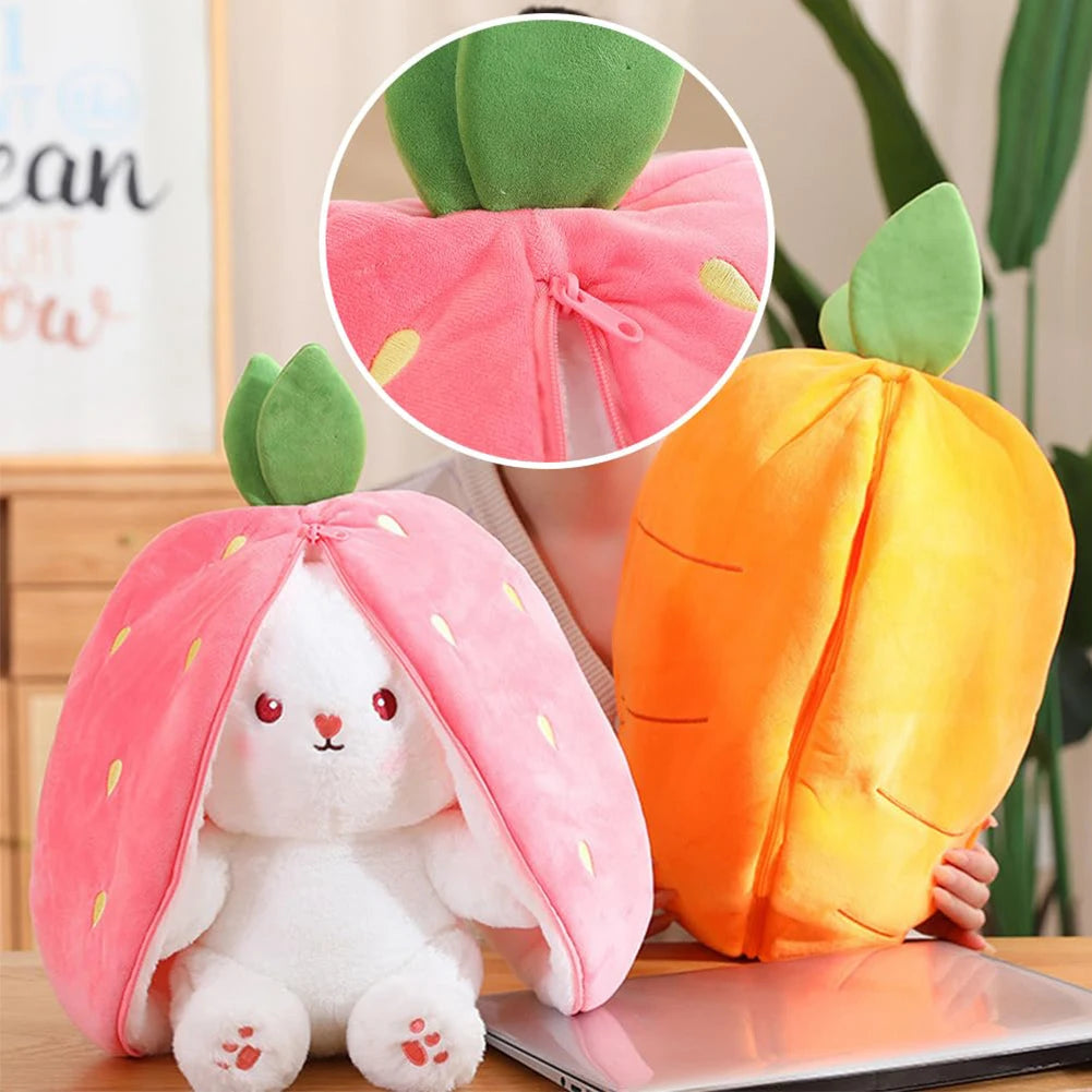 Plush bunny turns into a carrot and strawberry toy for kids' birthday parties