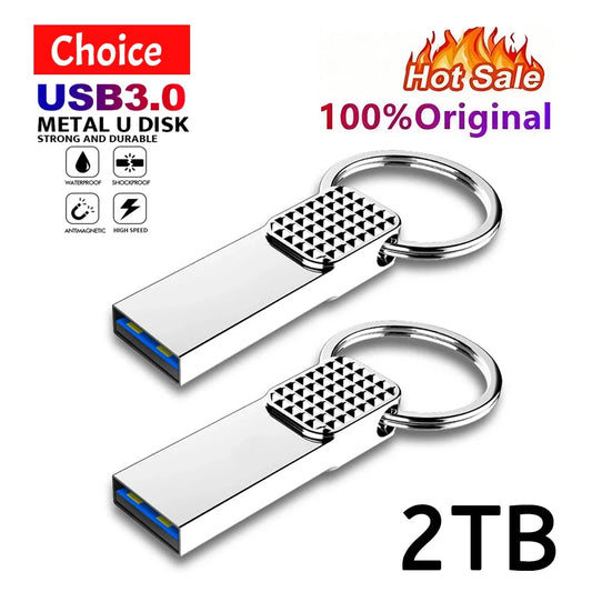 High-Speed USB 3.0 Pendrive, available in 64GB, 32GB, 128GB, and 512GB. Waterproof USB Flash Drives in various capacities including 1TB and 2TB.